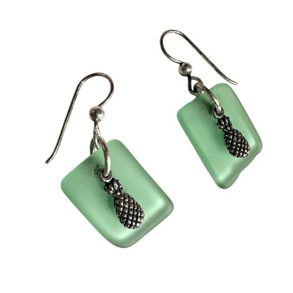 Sterling silver green  Sea Glass  Pineapple charm dangle earrings - Picture 1 of 9